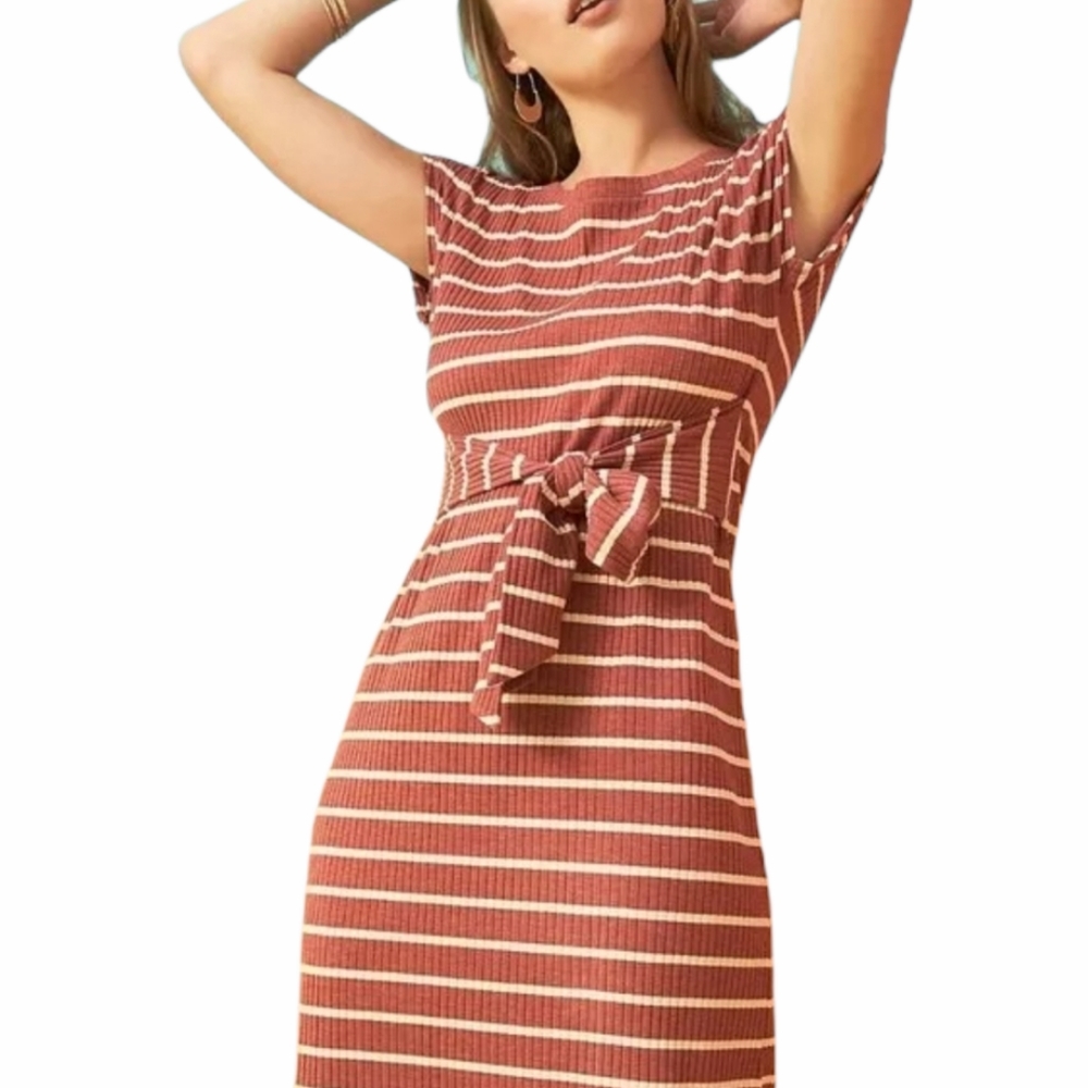 LOFT Tie Waist Ribbed Midi Dress S Red Stripe
